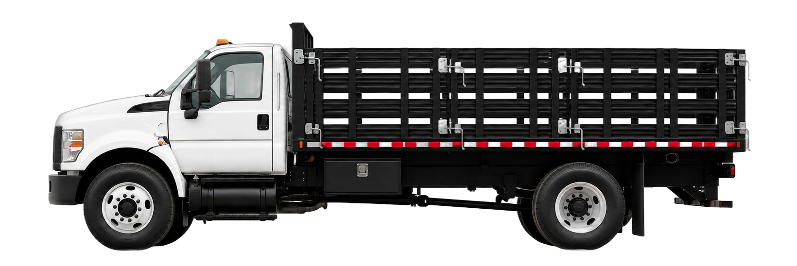 Stake bed truck with steel stake sides