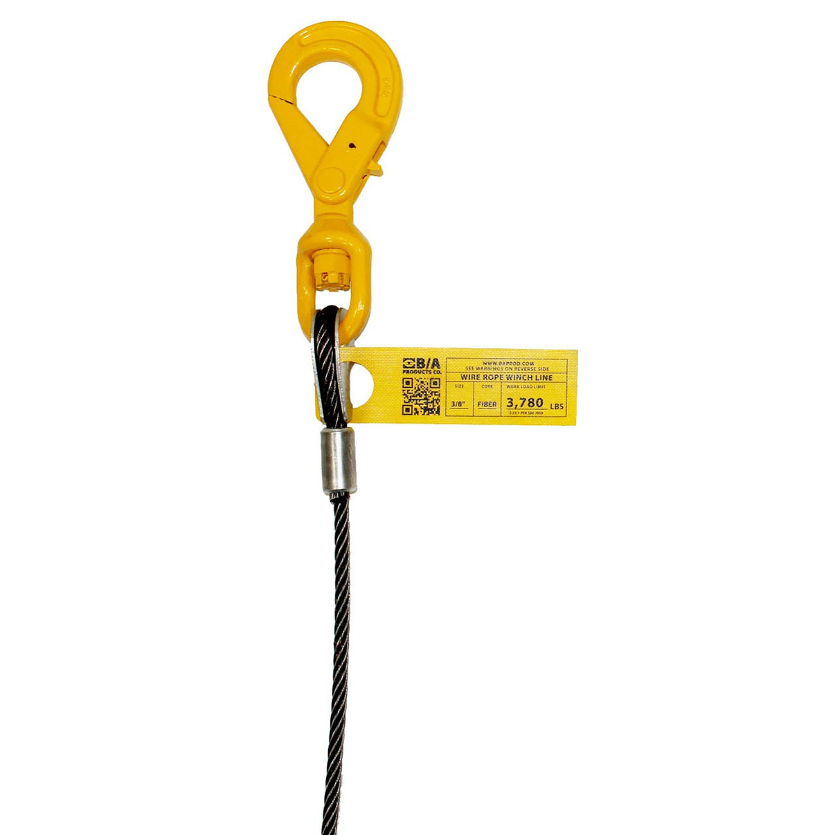 Fiber Core Wire Rope Assembly 3/8" with Self-Locking Swivel Hook 56 ft