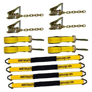 4-Point Tie-Down Kit – Axle Straps, Twisted Snap Hook Straps & Ratchets with Chain Ends