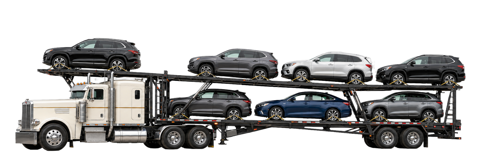 Tractor with open auto hauler carrying seven cars