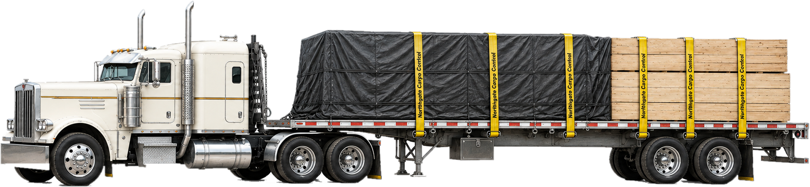 Flatbed rig with tarped lumber load